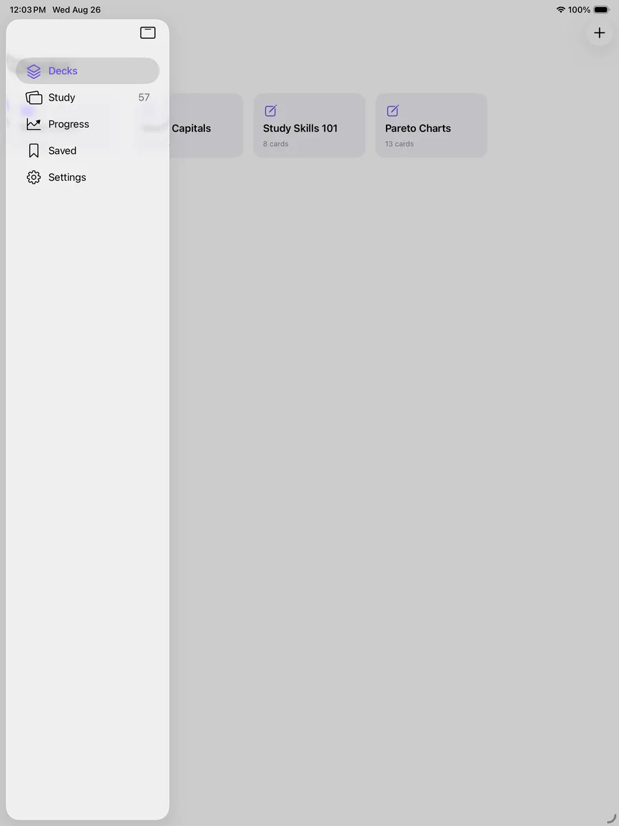 Cerebri on iPad with the native sidebar open, listing Decks, Study, Progress, Saved and Settings.
