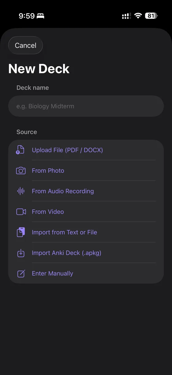 Creating a new deck in Cerebri, showing sources: file, photo, audio, video, import, or manual entry.