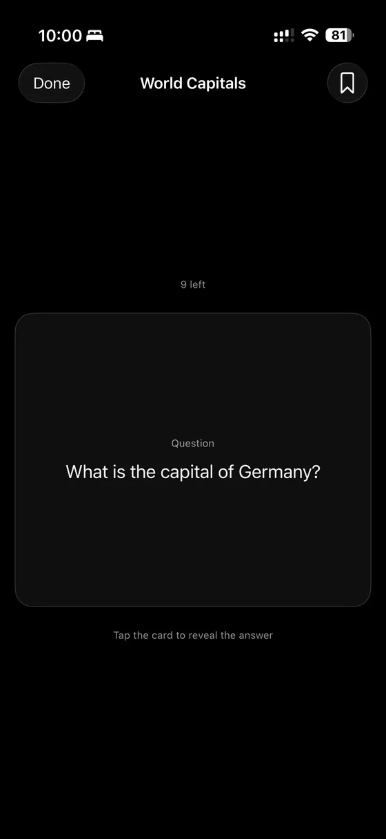 A flashcard showing a question, with a prompt to tap the card and reveal the answer.