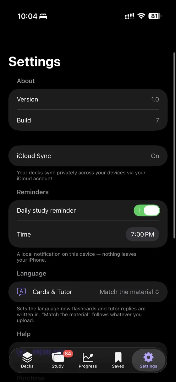Cerebri settings showing iCloud sync, language, export and privacy options.